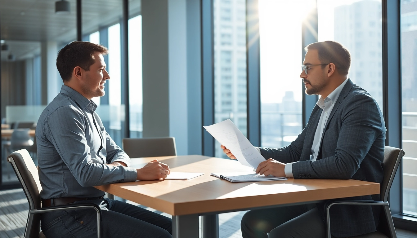 Headhunter Ingenieure trifft Ingenieur im modernen Büro, Optimismus und Professionalität ausstrahlend.