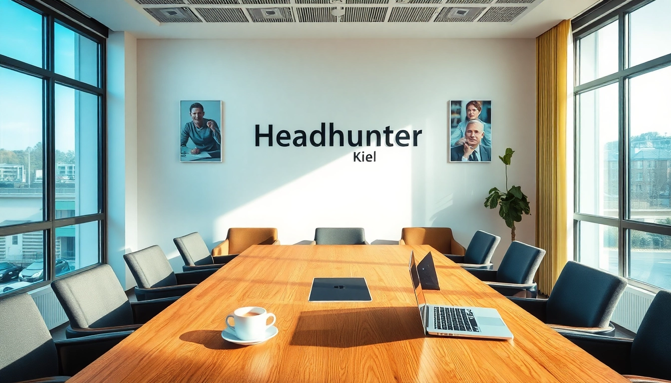 Professionelle Headhunter Kiel Arbeitsumgebung mit Konferenztisch und Laptop.