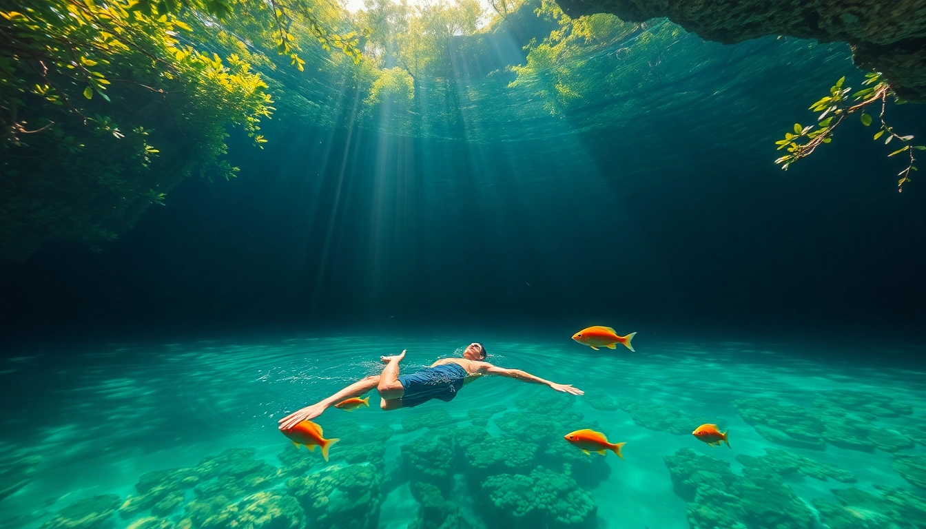 Tauchen Cenotes: Taucher schwimmt in einem klaren Cenote Wasser, umgeben von grünem Dschungel.