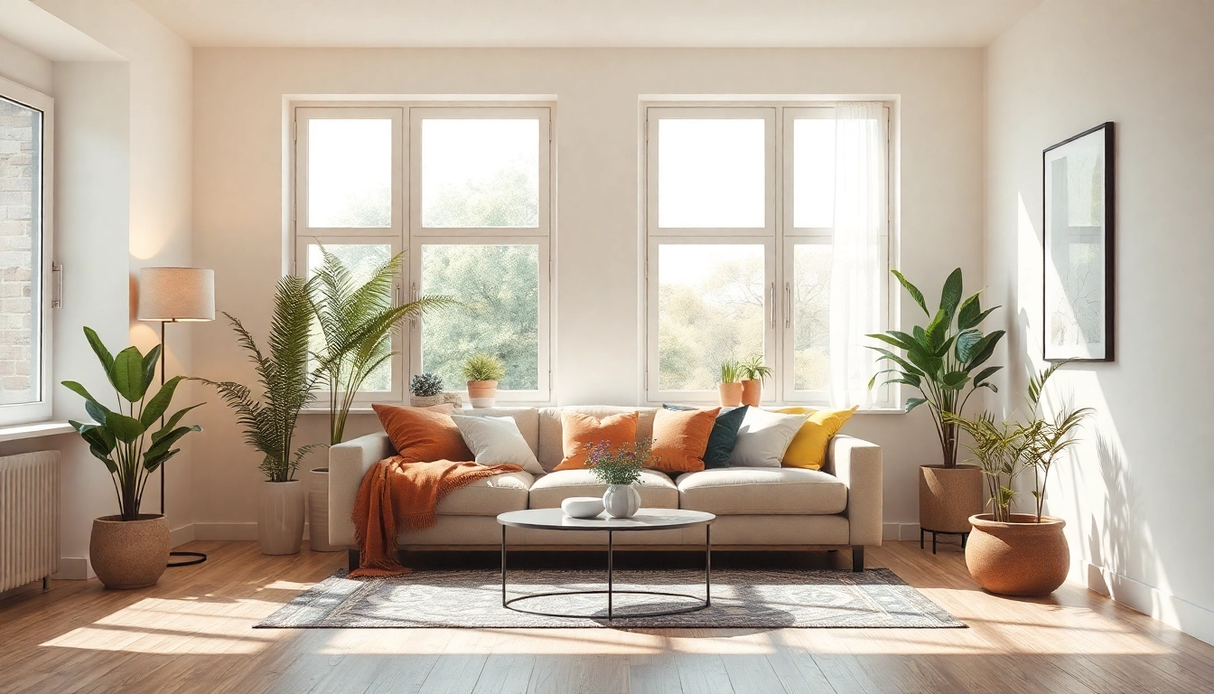 Harmonische Raumgestaltung mit heller Couch, Pflanzen und Kunstwerken im modernen Raum