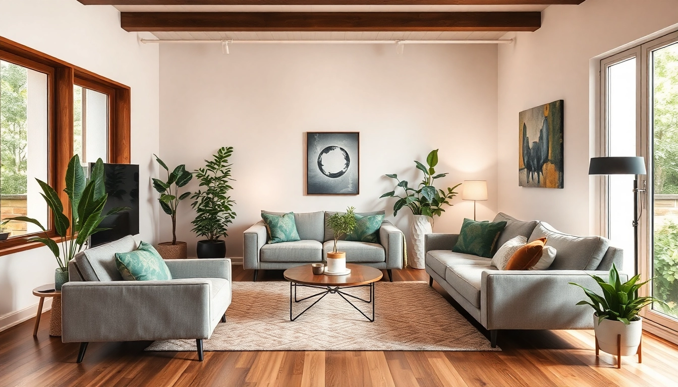 Stilvolle Wohnzimmer Raumgestaltung mit modernen Möbeln und Pflanzen.