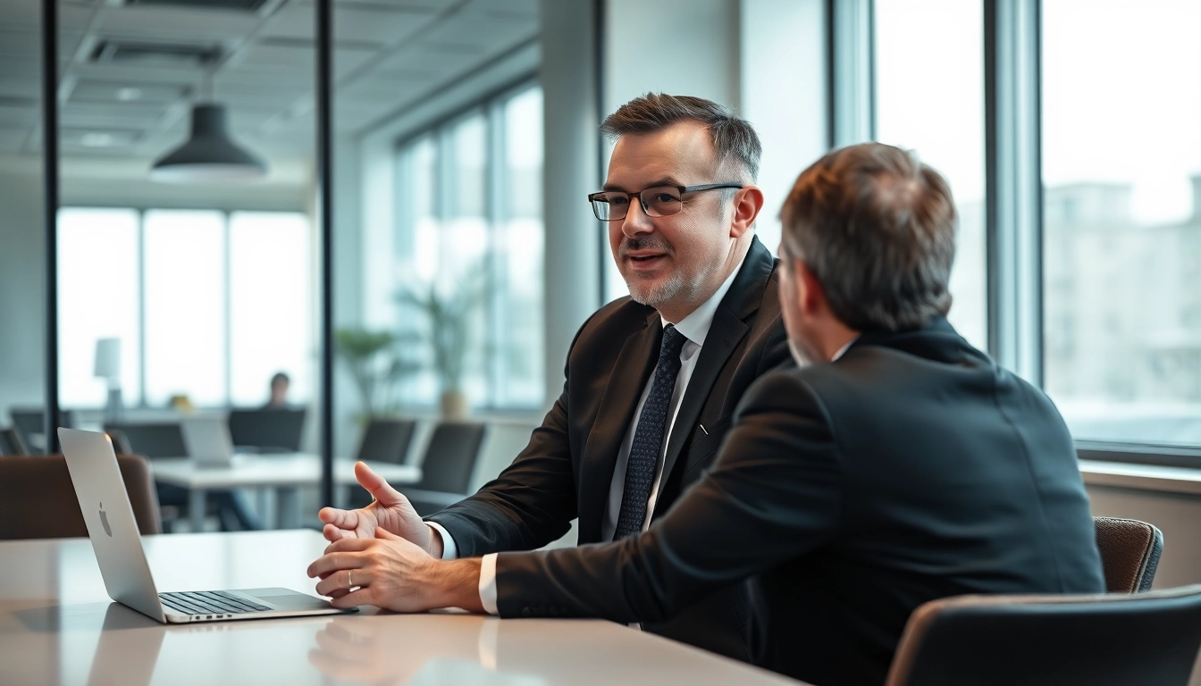 Interaktive Beratung des Headhunters Hannover mit einem Bewerber in einem modernen Büro.