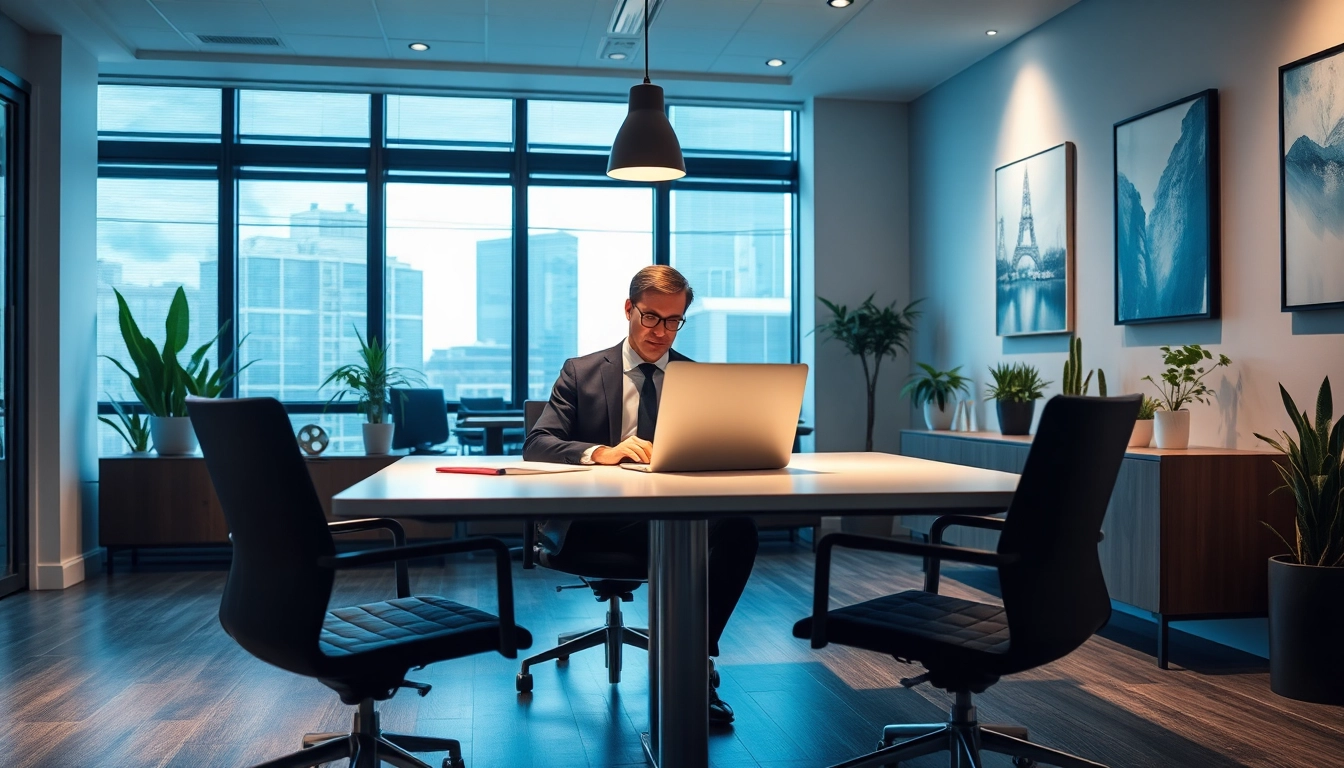 Headhunter in elegantem Anzug arbeitet konzentriert an einem Laptop in modernem Büro.