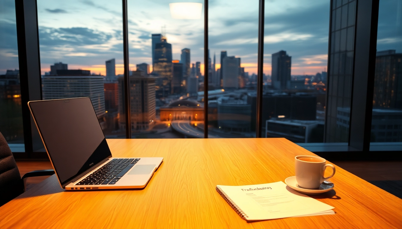 Headhunter Frankfurt beim Arbeiten in einem modernen Büro mit Stadtansicht.