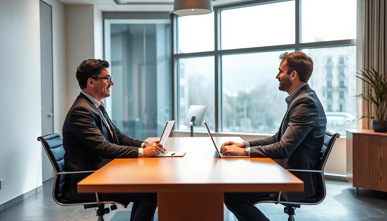 Der Headhunter Wiesbaden spricht aktiv mit einem Klienten in einem modernen Büro.