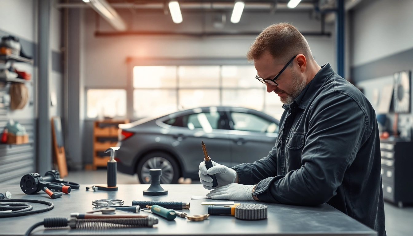 Dellenreparatur München (PDR) in einer modernen Werkstatt mit einem Experten, der präzise an einem Fahrzeug arbeitet.