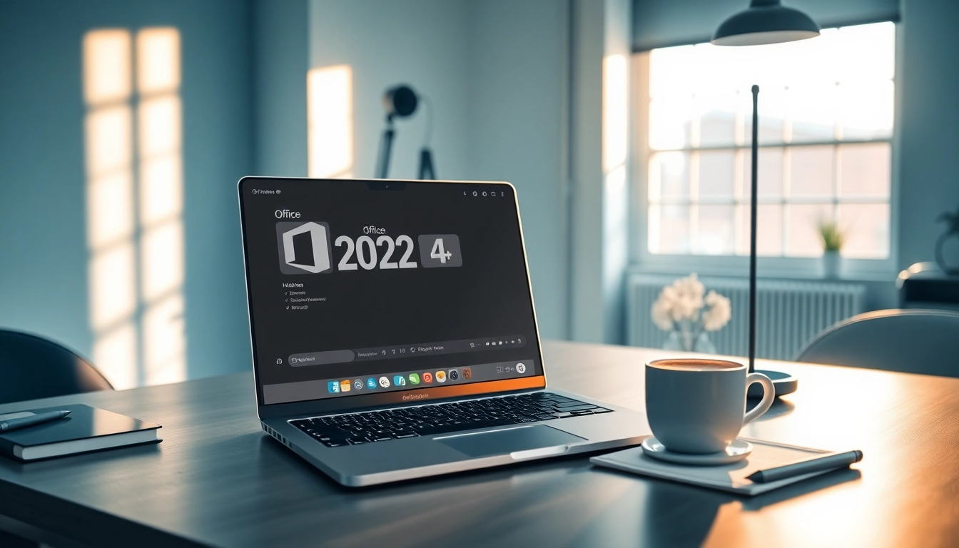 Nutzen Sie Office 2024 für Macbook Pro auf einem eleganten Arbeitsplatz mit einem modernen MacBook Pro.