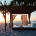 Genießen Sie die Ruhe im Küsten-Cabana am Strand, umgeben von Palmen.