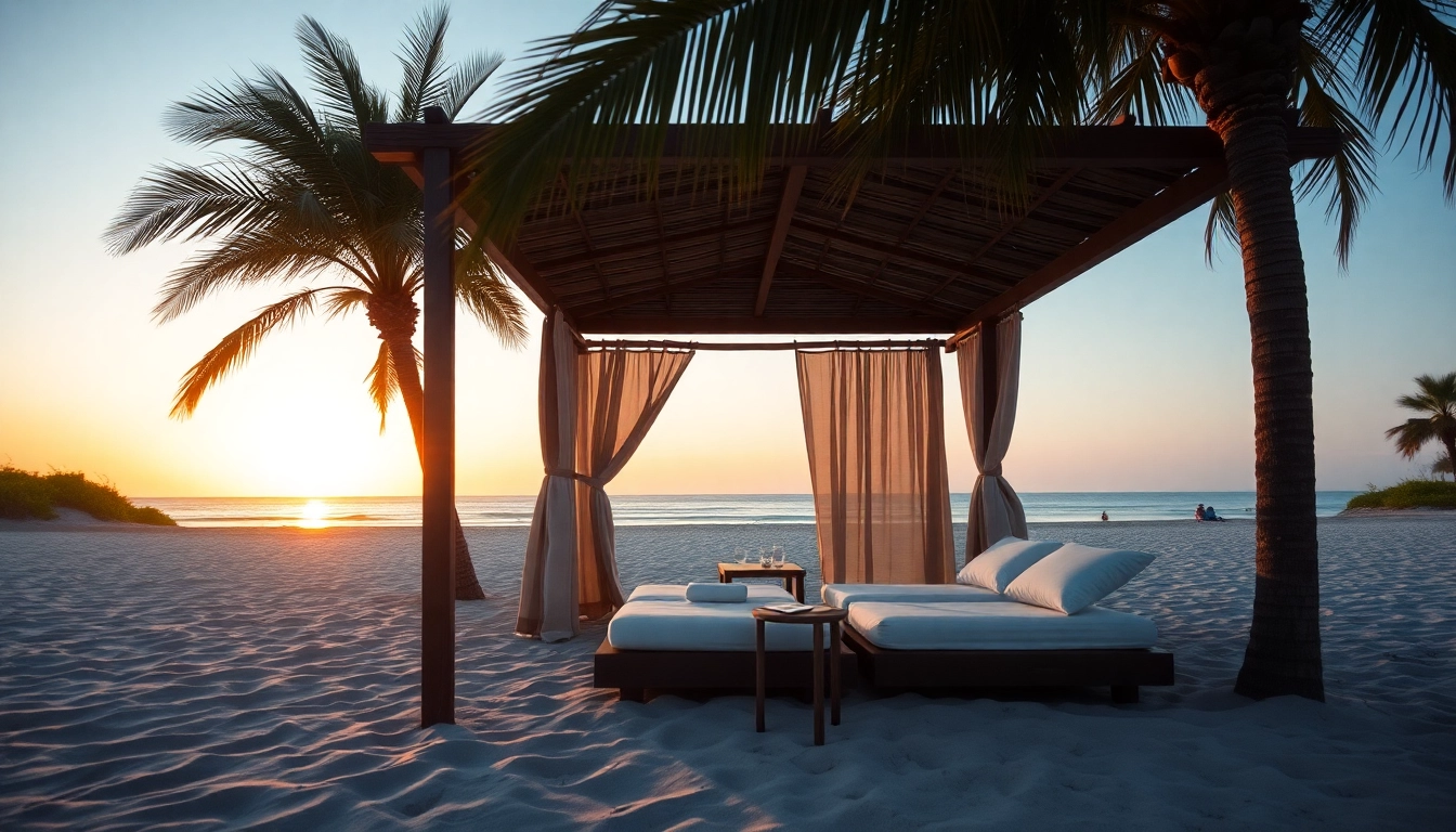 Genießen Sie die Ruhe im Küsten-Cabana am Strand, umgeben von Palmen.