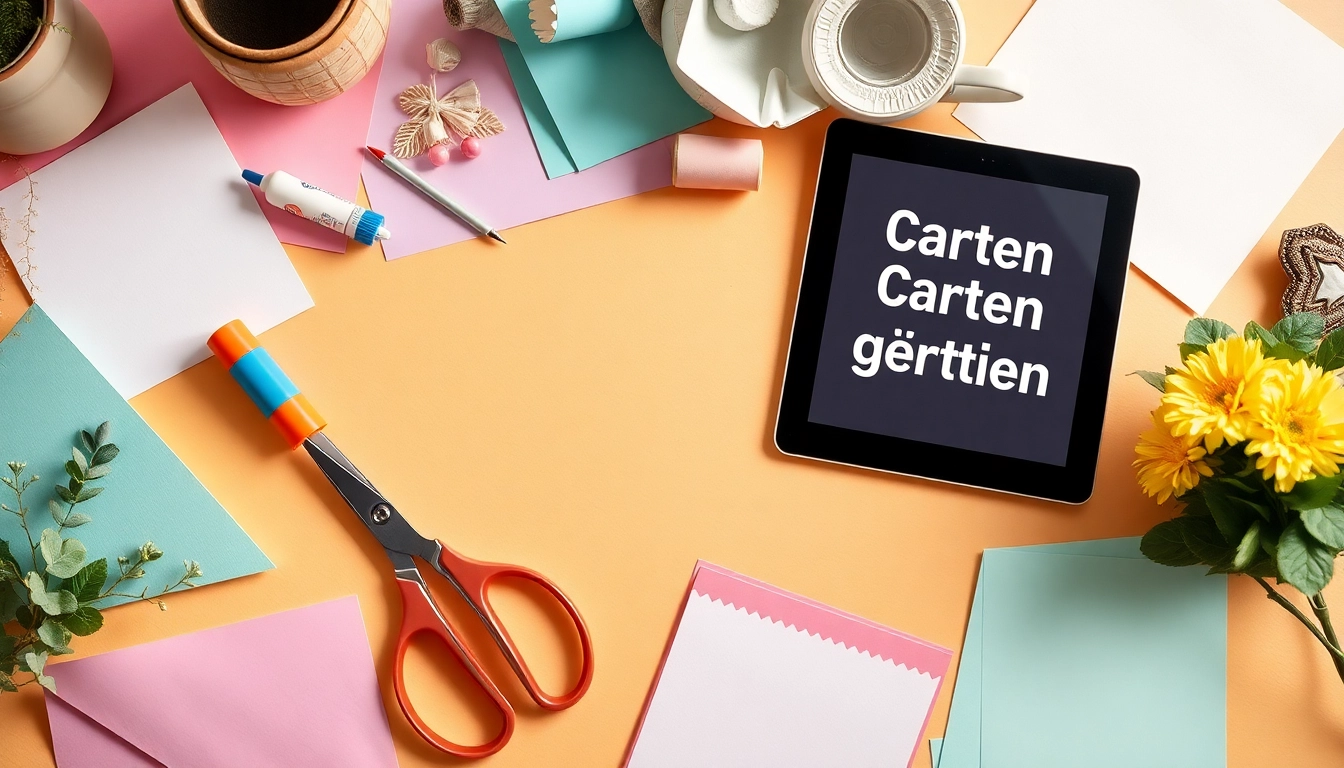 Karten selbst gestalten in a creative workspace with colorful papers and crafting tools.