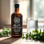 Erwerben Sie kolloidales Silber kaufen, präsentiert in einer schönen Flasche mit reflektierenden Silberpartikeln.