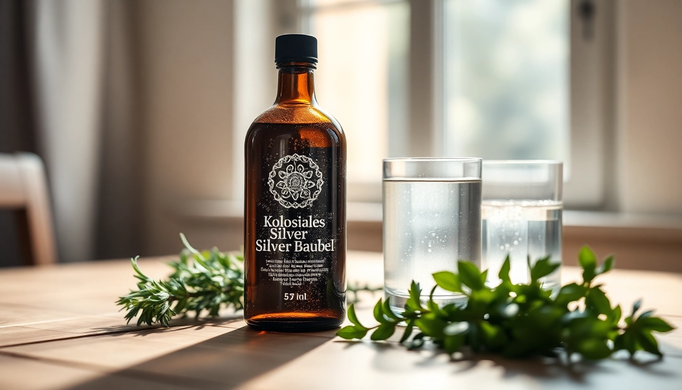 Erwerben Sie kolloidales Silber kaufen, präsentiert in einer schönen Flasche mit reflektierenden Silberpartikeln.