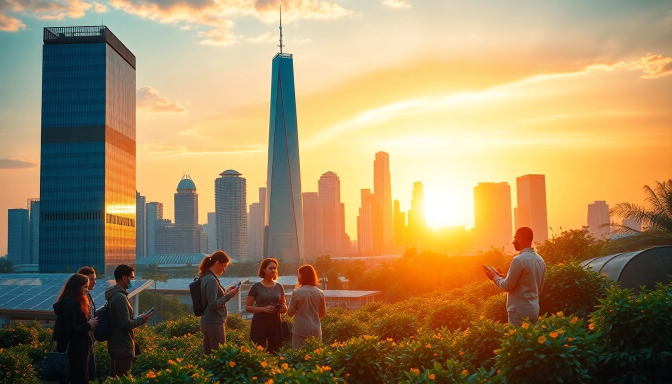 Technologie und innovative Lösungen in einer futuristischen Stadtlandschaft darstellen