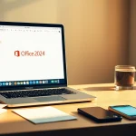 Office 2024 für Mac kaufen mit Unterstützung für Apple Silicon Chips auf einem modernen Arbeitsplatz mit MacBook.