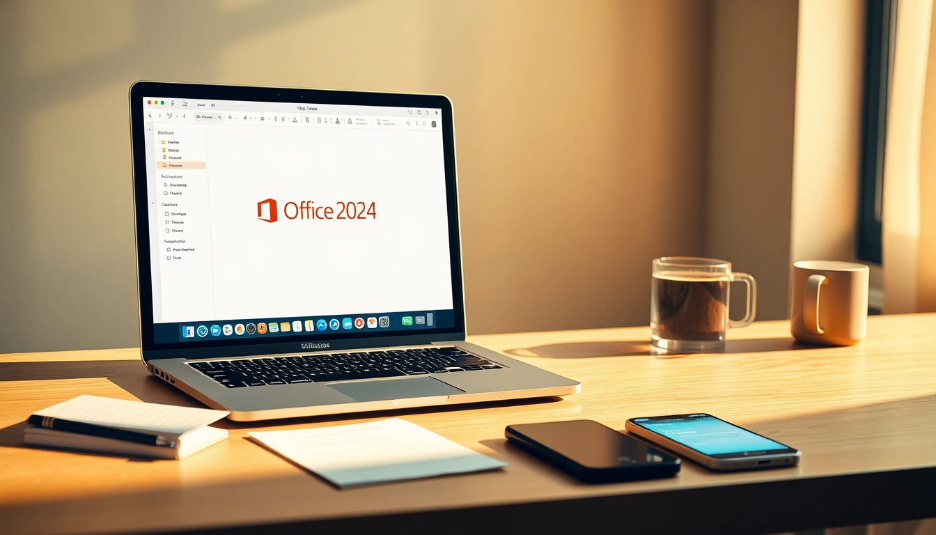 Office 2024 für Mac kaufen mit Unterstützung für Apple Silicon Chips auf einem modernen Arbeitsplatz mit MacBook.