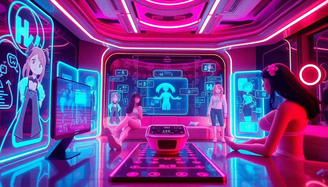 Porn AI chat interactive environment with animated characters and neon accents.