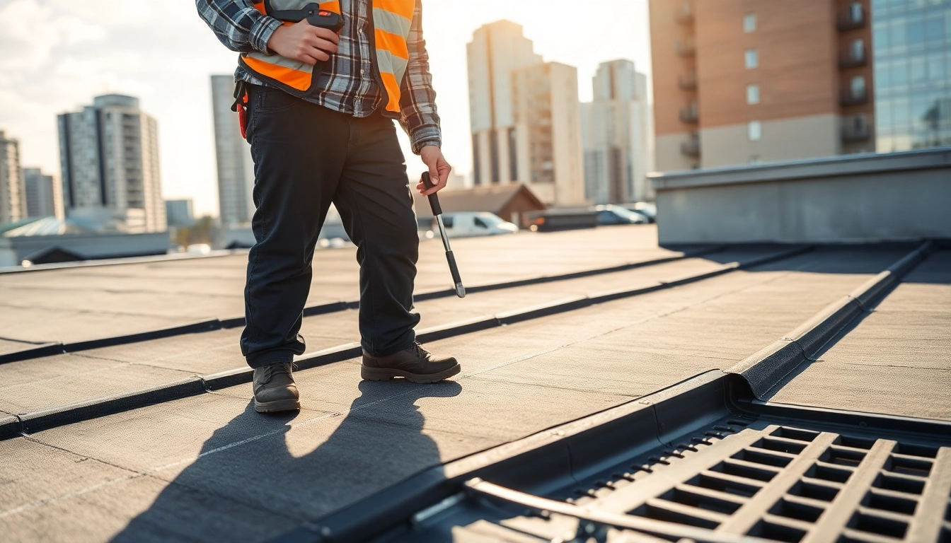 Flachdach Experte inspecting a roof, showcasing membrane features and urban skyline.