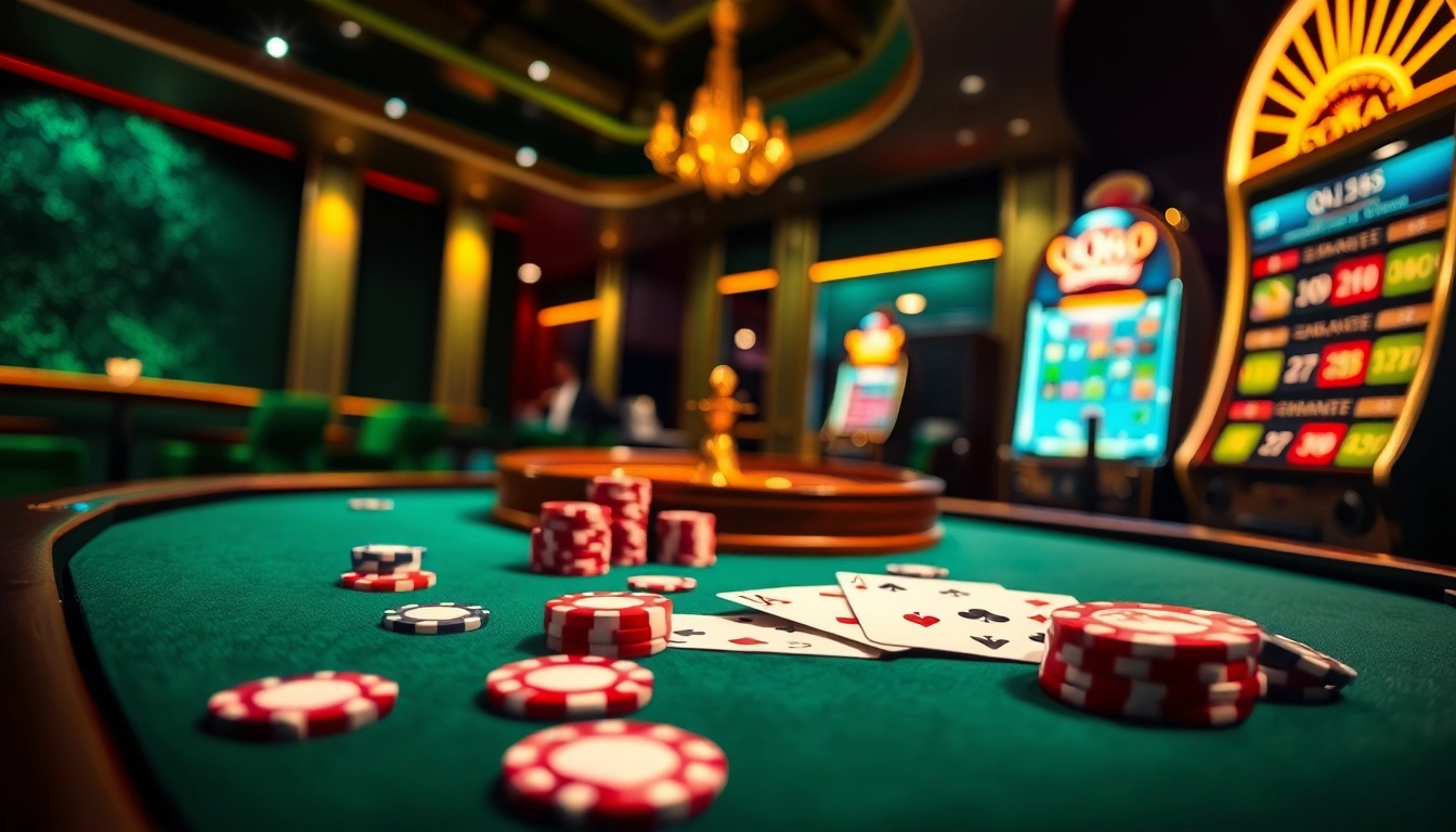 Experience the thrill of qh88 with vibrant poker tables and exciting slot machines in a luxurious casino.