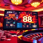 Experience 88i đăng nhập excitement with lively casino visuals featuring cards, chips, and roulette.