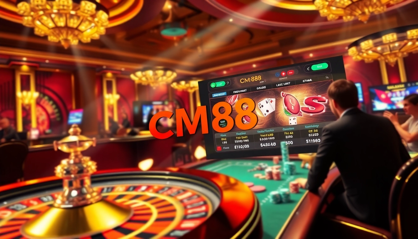 Experience high-stakes betting action at CM88 with a thrilling casino scene featuring roulette and poker.