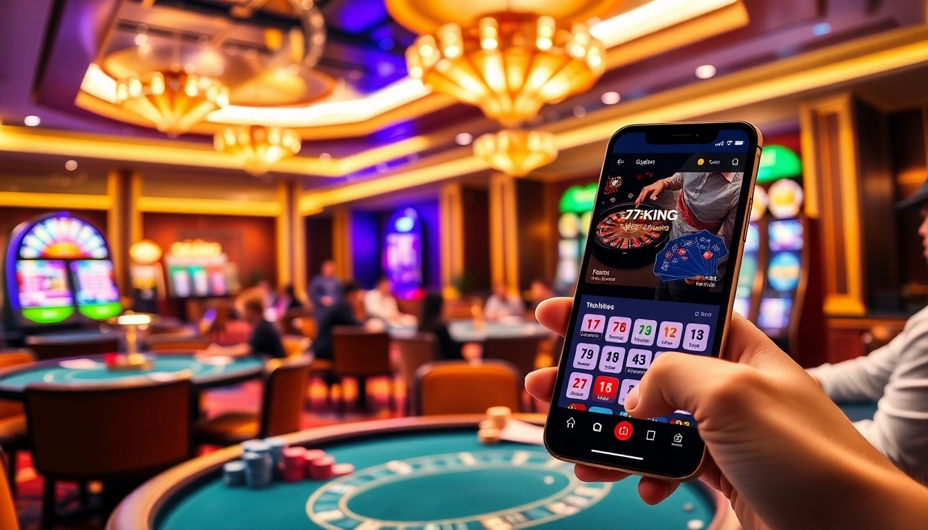 Dynamic gaming scene at Nhà cái 79KING with poker and slot machines showcasing excitement and luxury.