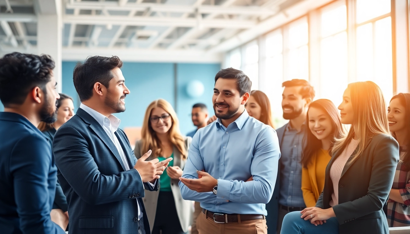 Headhunter IT discussing job opportunities in a vibrant office setting, showcasing professionalism and engagement.