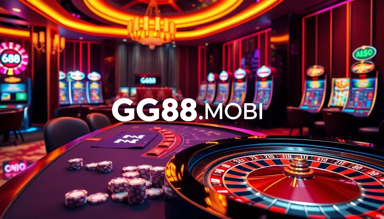 Experience luxury at GG88.MOBI with a vibrant casino scene featuring elegant gaming tables and slot machines.