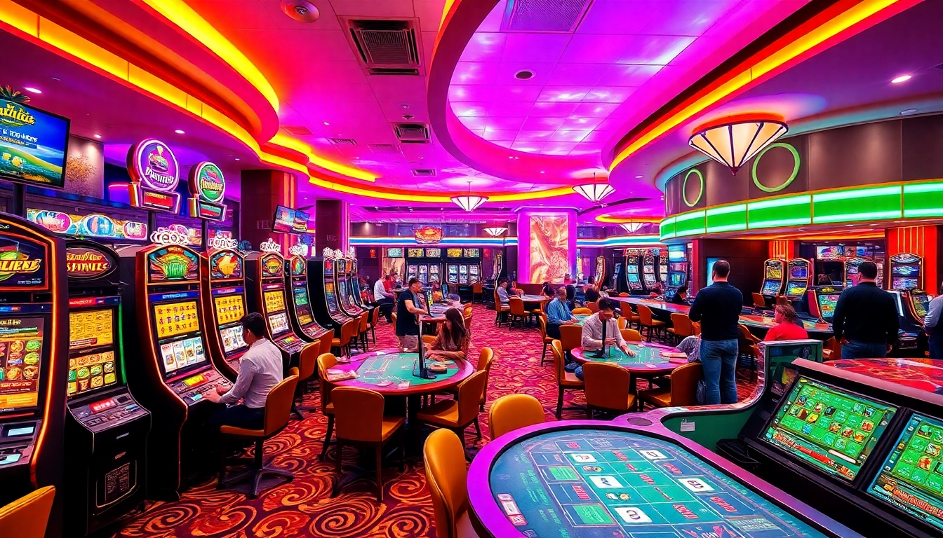 Online kaszinó élénk játékosokkal és színes játékautomatákkal, interaktív szórakozás a szórakozáshoz.