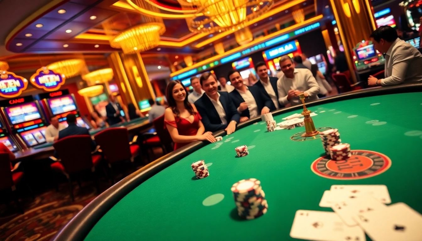 Exciting gamblers playing at a luxurious casino table scene on nk88.com, featuring vibrant chips and cards.