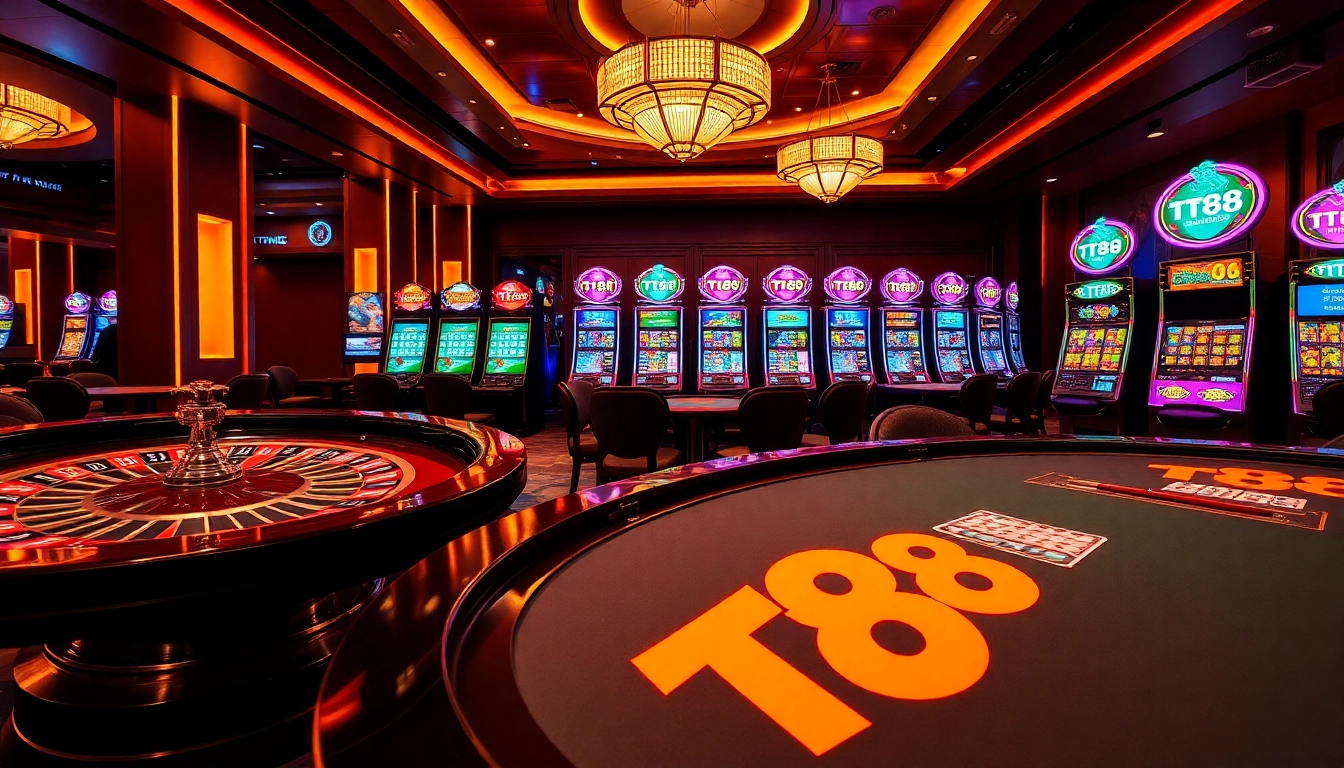Experience the excitement of TT88 at a vibrant casino with roulette and slot machines.