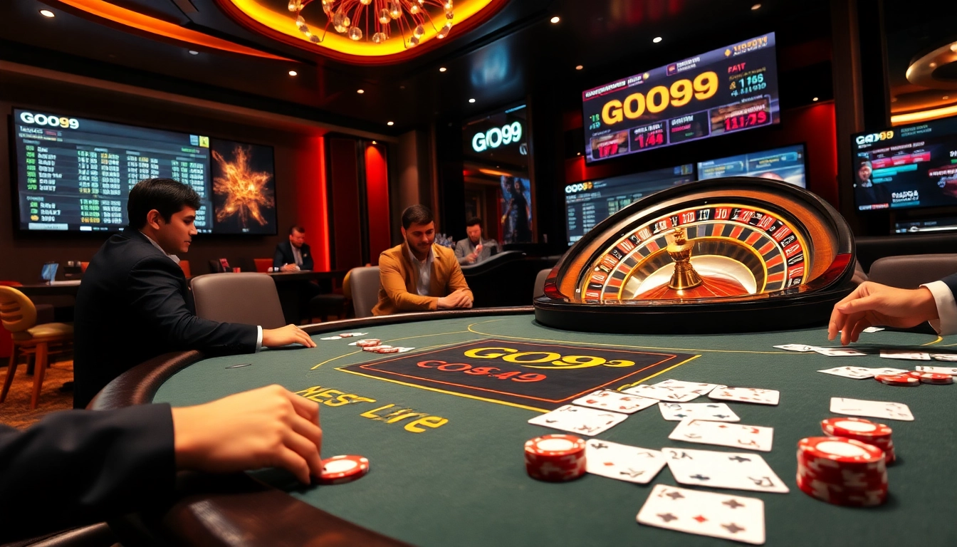 Players enjoy an exciting game at the luxurious GO99 casino table, surrounded by vibrant poker chips and betting action.