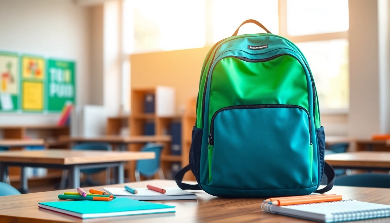 Handtasche für Schulen als stilvolles Schulaccessoire auf einem Tisch mit Schulmaterialien.