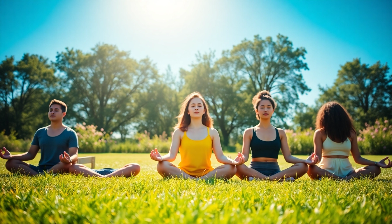 Promoting emotional wellbeing through diverse individuals practicing mindfulness and meditation outdoors.