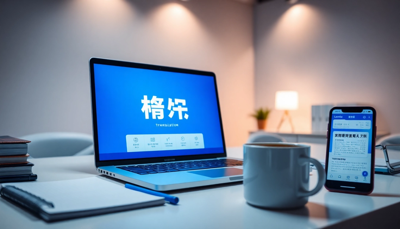 有道 translation app interface displayed on a sleek laptop in a modern workspace.