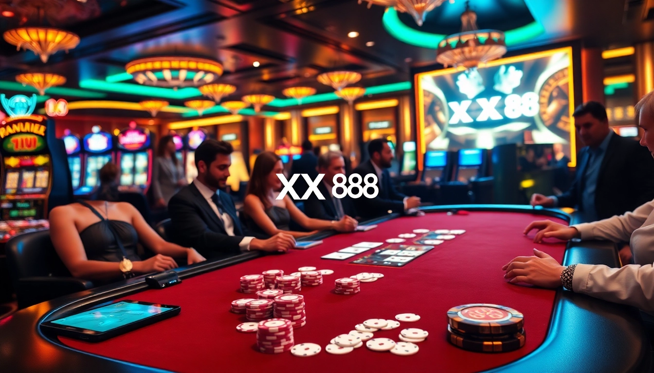 Elegant casino scene featuring the XX 88 branding with players at a high-stakes poker table.