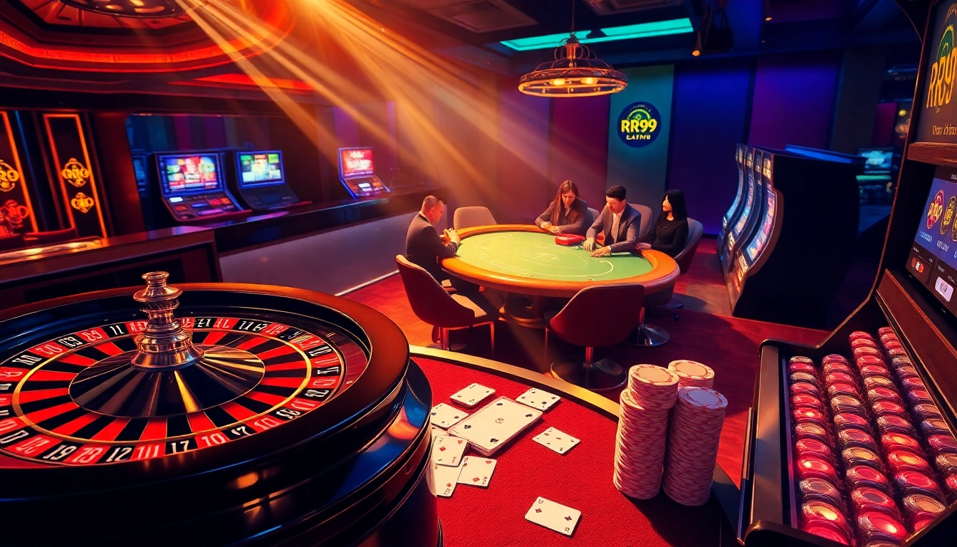 Engaging RR99 casino scene featuring roulette, poker cards, and slot machines in a luxurious setting.