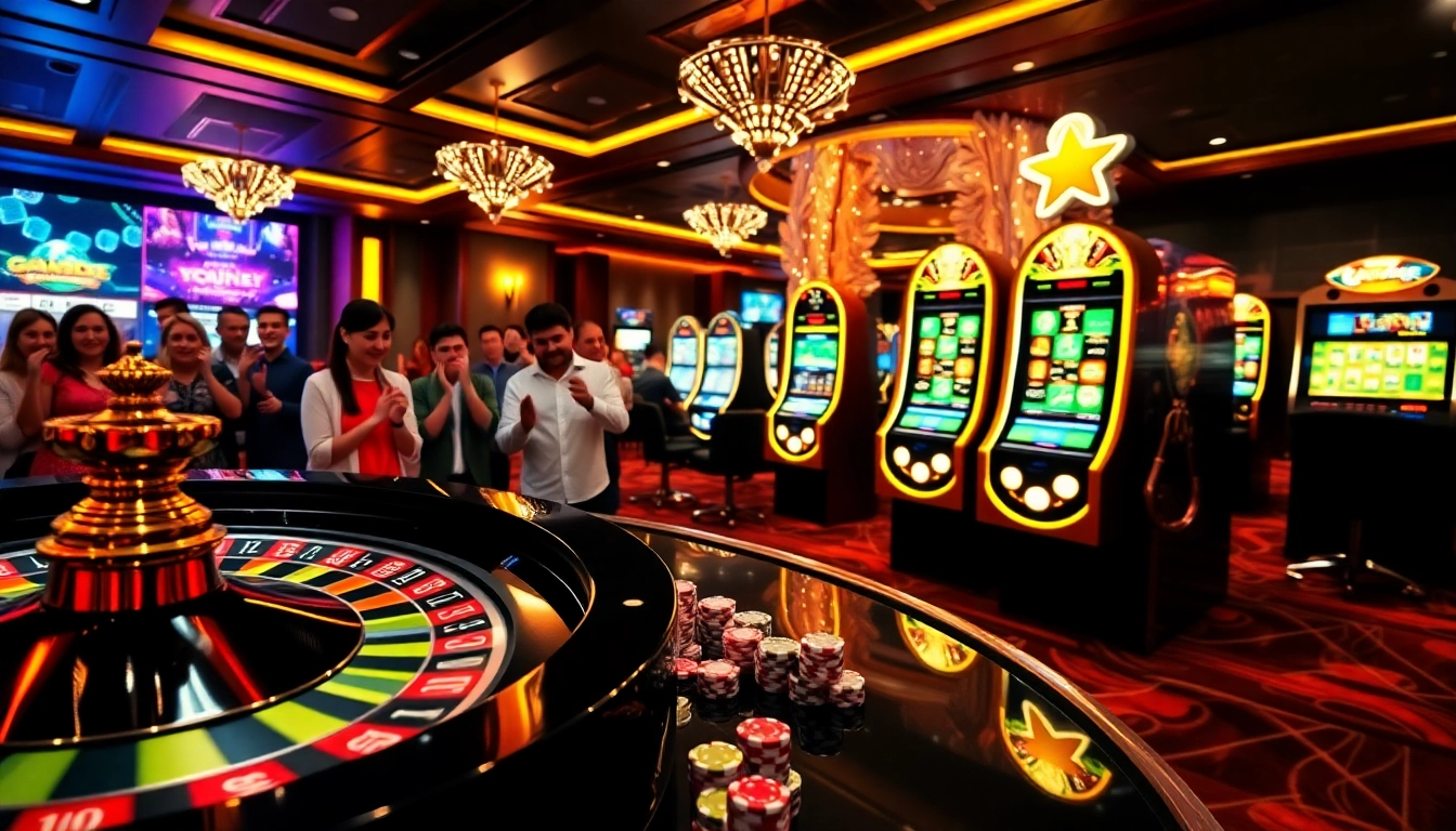 Cazinouri online Germania bonus fără depunere, prezentând o atmosferă vibrantă de cazinou cu roata de ruletă și jetoane de poker.