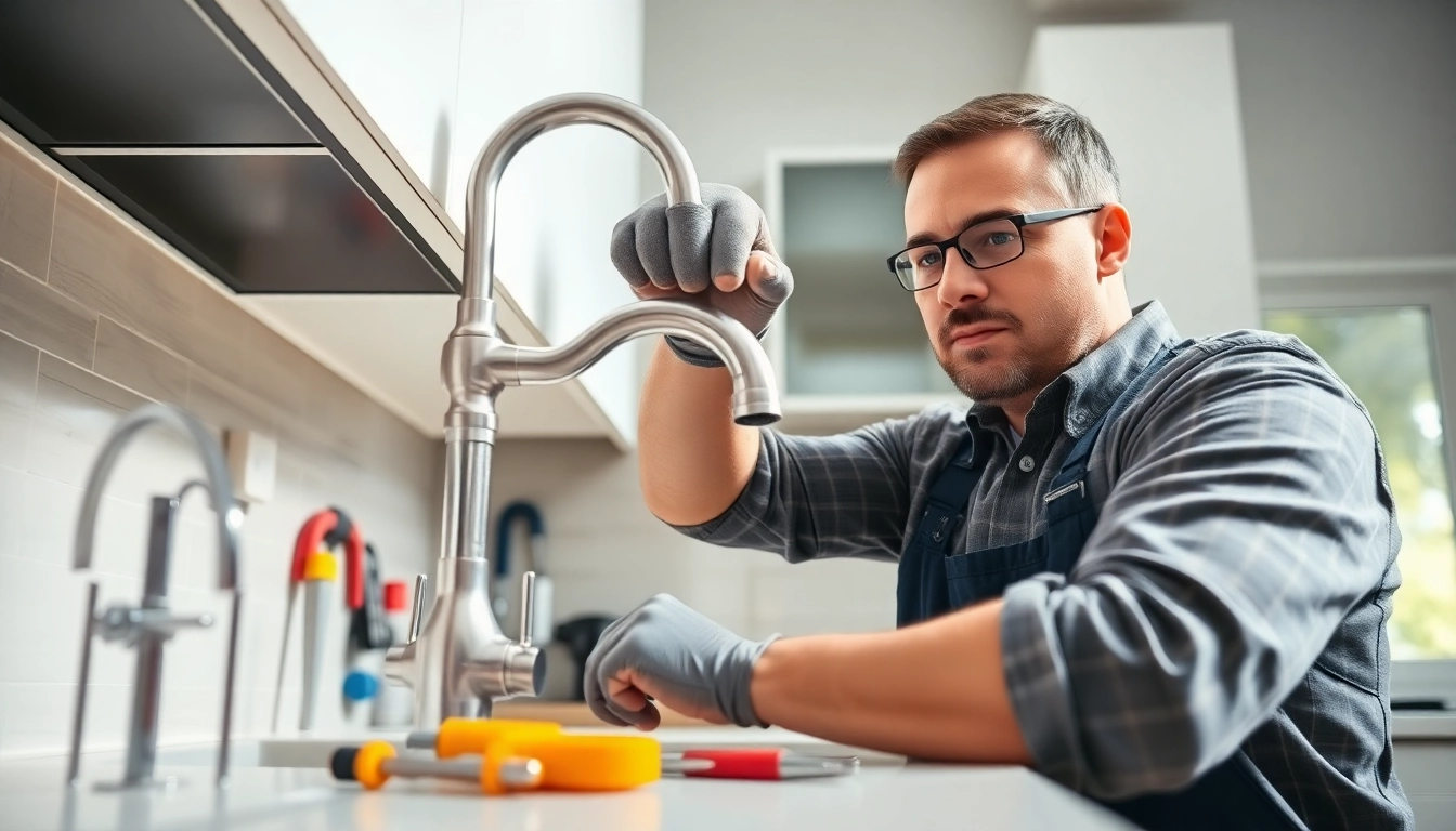 Plumber repairing a leaky faucet in a bright modern kitchen with tools on the counter.