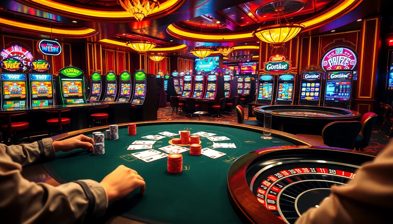 Players engage in poker and slots at a luxurious casino, highlighting the excitement of go888.jp.net.