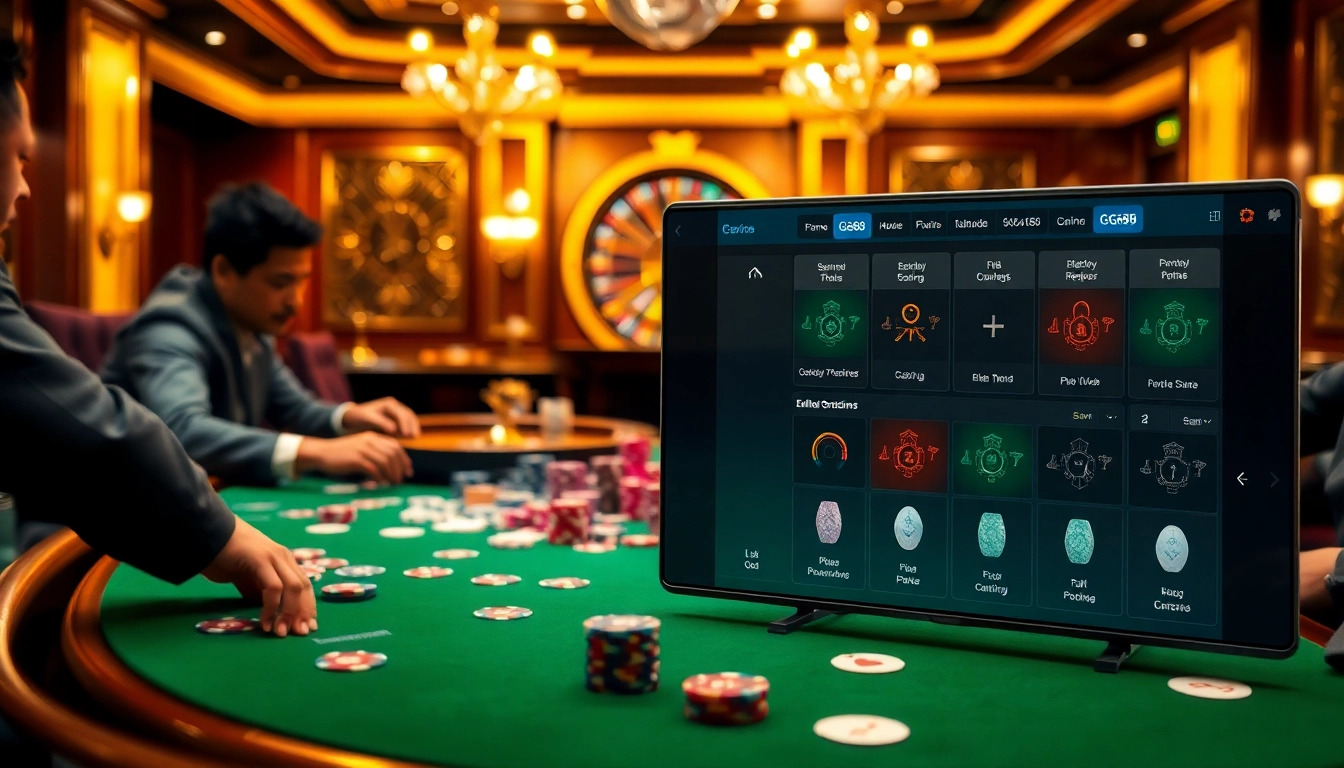 Engage in high-stakes poker at GG88 with vibrant chips and a digital betting interface.