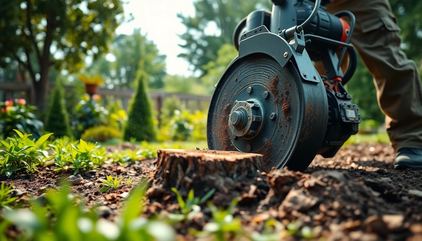 Effizienter Baumfräser in Aktion, der einen Baumstumpf in einer üppigen Gartenlandschaft entfernt.