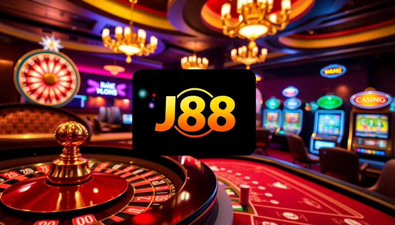 Experience thrilling gaming with the J88 app amid vibrant casino elements like roulette and poker tables.