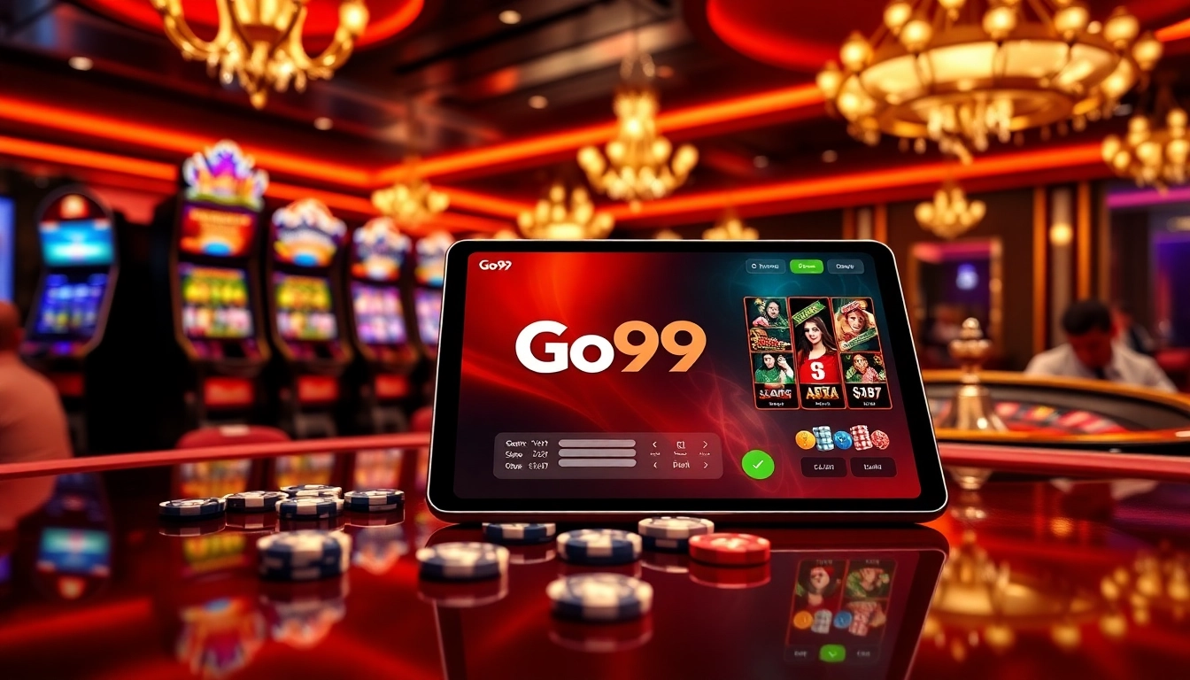 Go99 gaming interface surrounded by vibrant casino atmosphere showcasing excitement and luxury.