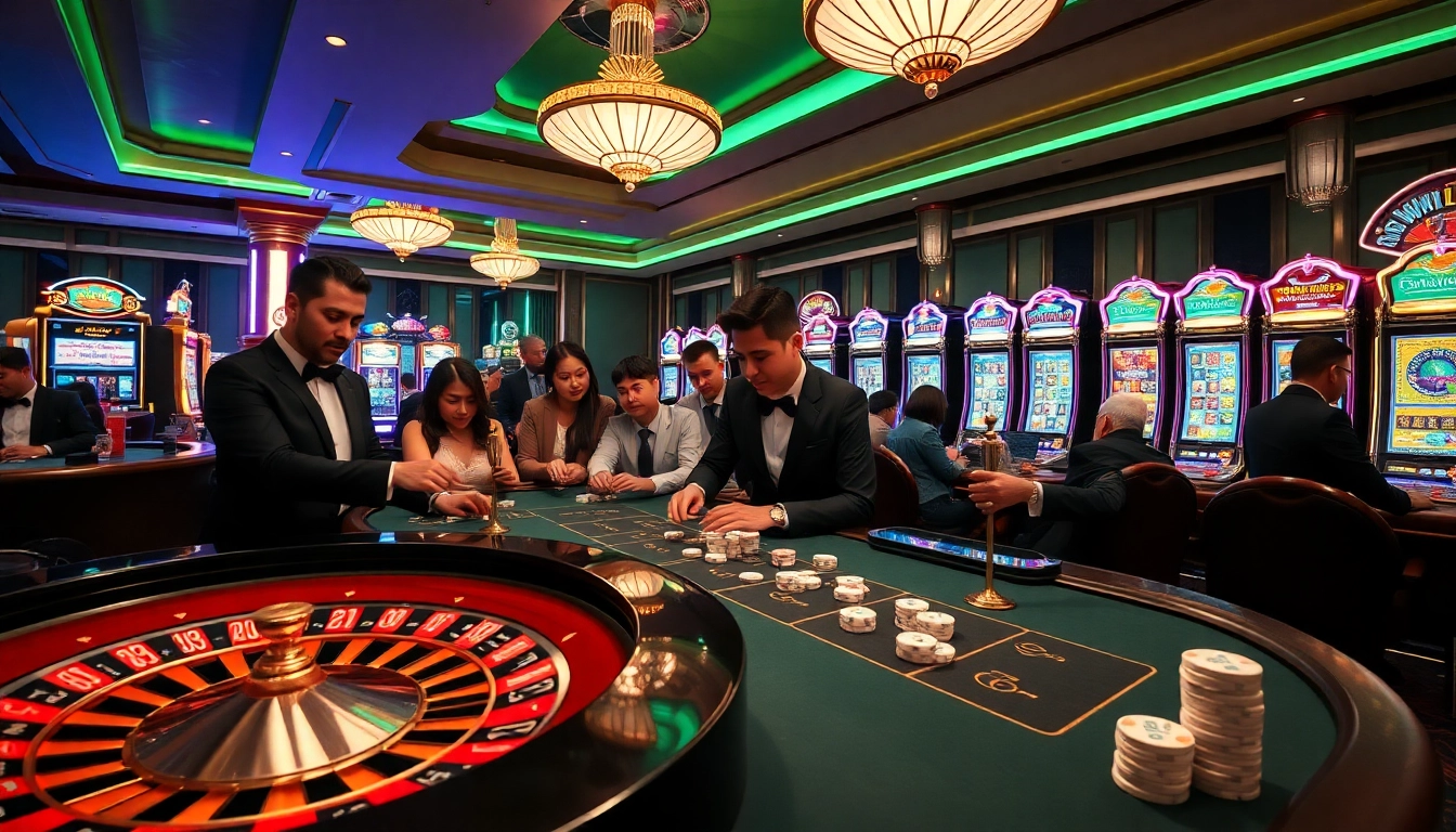 Excited players enjoying games at 13win nhà cái with roulette and poker tables in a luxurious casino setting.