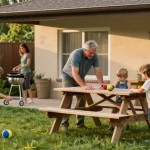 Familie entspannt unter einem Carport mit Grill und Spielzeug im Hintergrund.