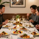 Friends savoring ROKOK88 menu recommendations at River City Restaurant with vibrant dishes.