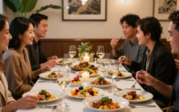 Friends savoring ROKOK88 menu recommendations at River City Restaurant with vibrant dishes.