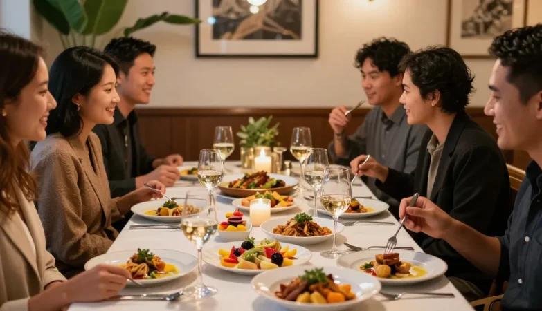 Friends savoring ROKOK88 menu recommendations at River City Restaurant with vibrant dishes.