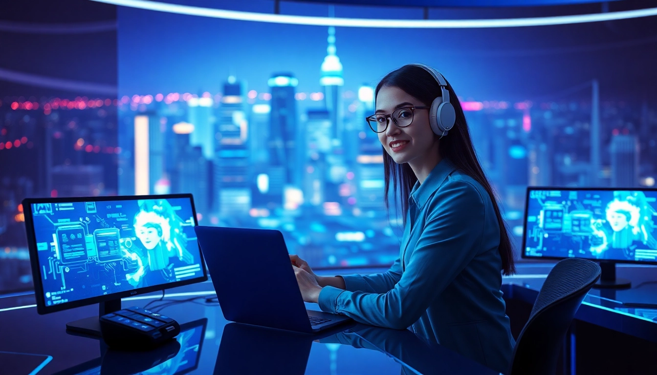 Die AI girlfriend in einem futuristischen Raum mit holografischen Bildschirmen interagieren. related image
