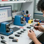 Techniker bei der Herstellung eines Webseitenlinks für Autoschlüssel in einer modernen Werkstatt.
